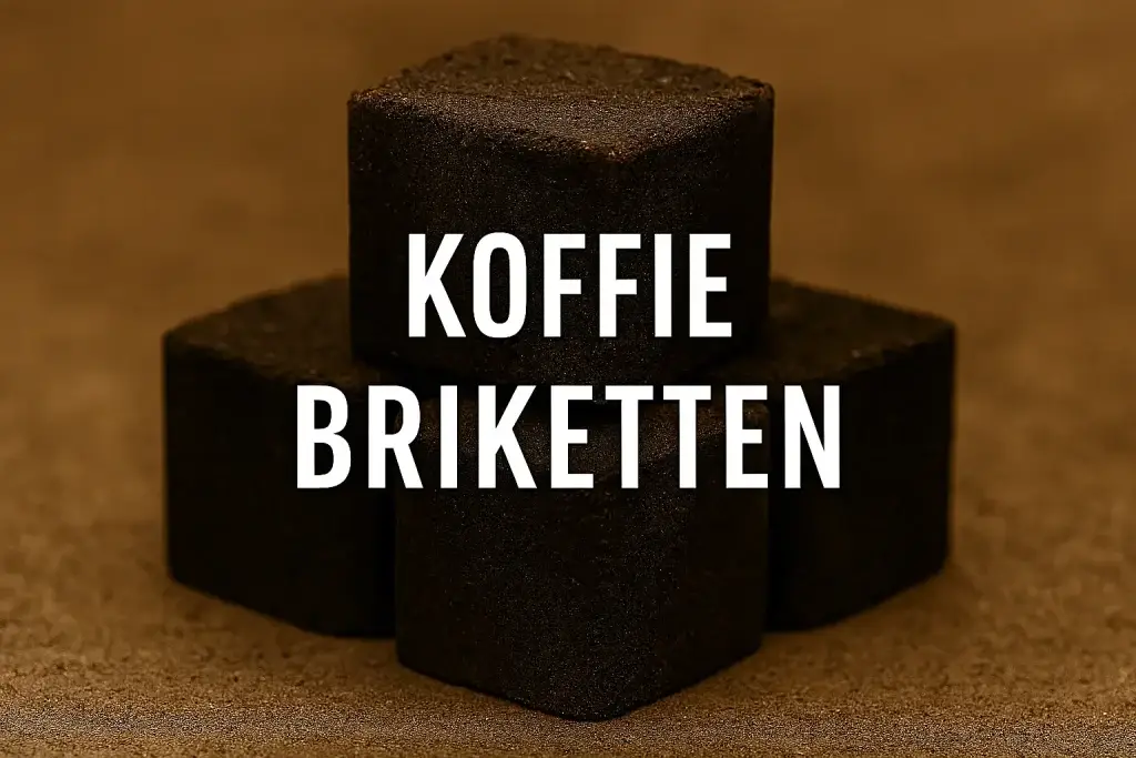 Geperste koffiedik briketten op een houten ondergrond, klaar om te drogen