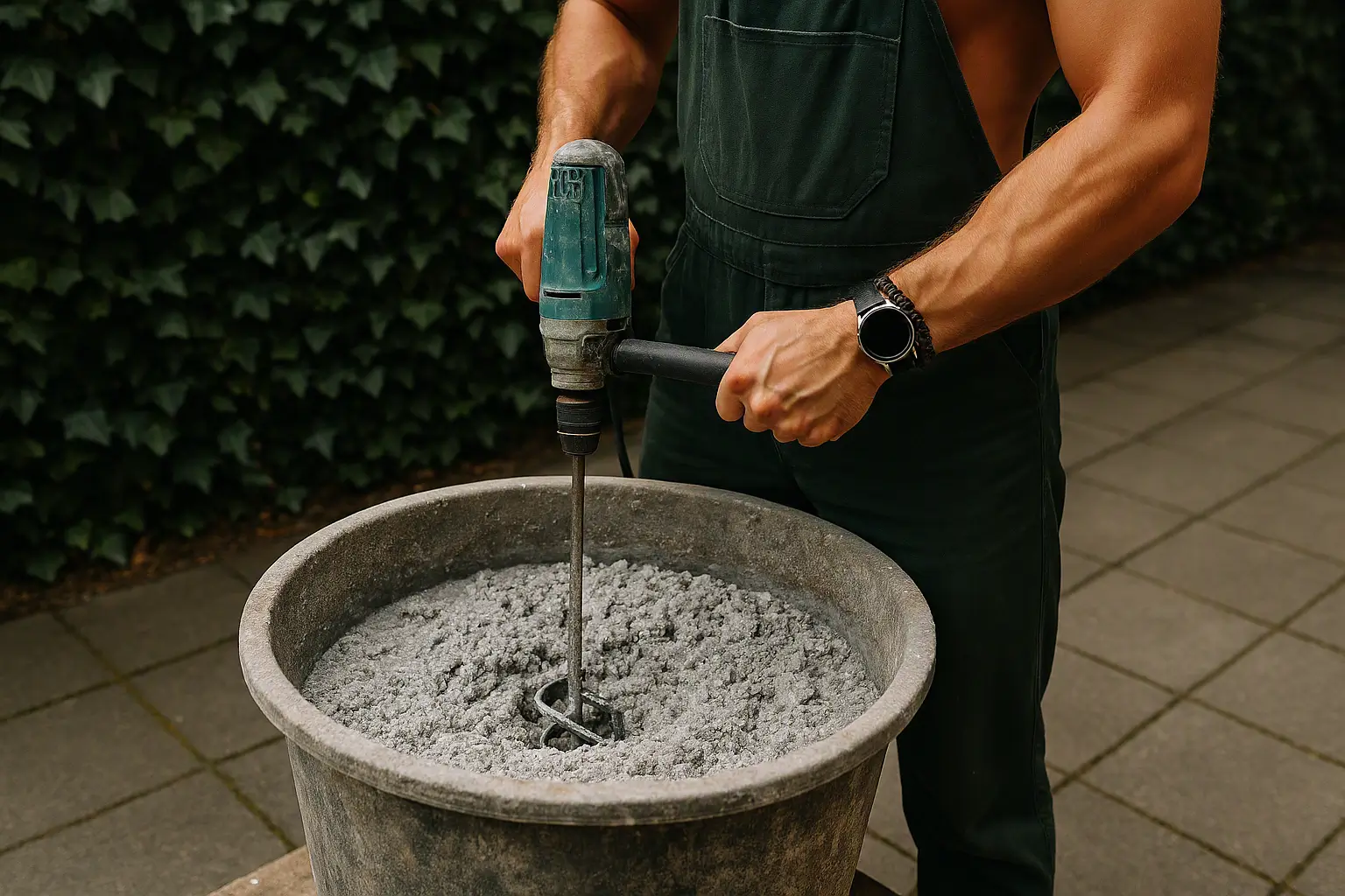 Man met groene tuinbroek mengt papierpulp in een cementbak met boormachine en mixhaak voor het maken van briketten