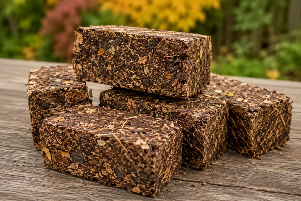 Bladbriketten gemaakt van geperste herfstbladeren en tuinafval op een houten tafel