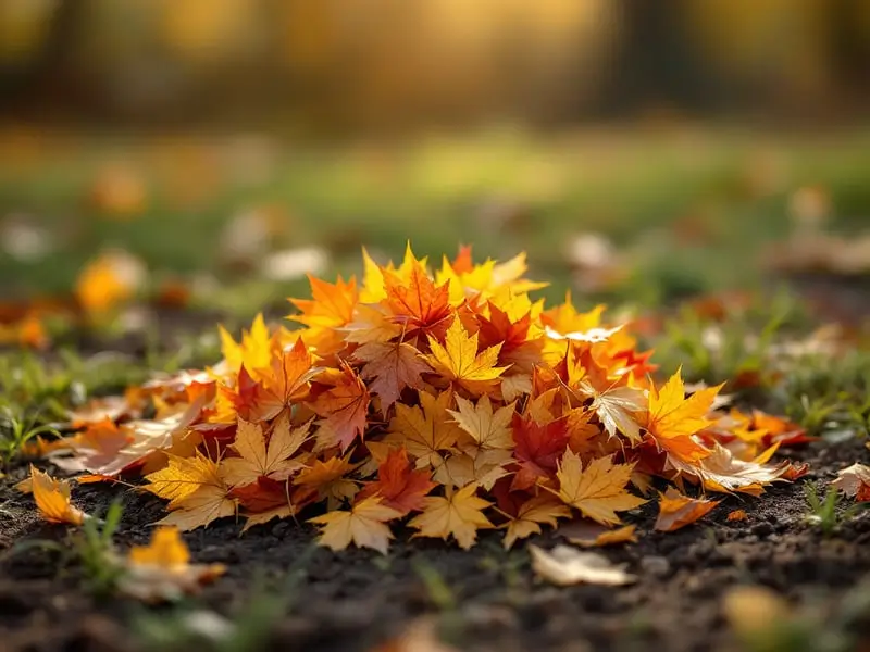 Een hoopje herfstbladeren in warme tinten oranje, geel en rood, bijeengeveegd in een bosachtige omgeving