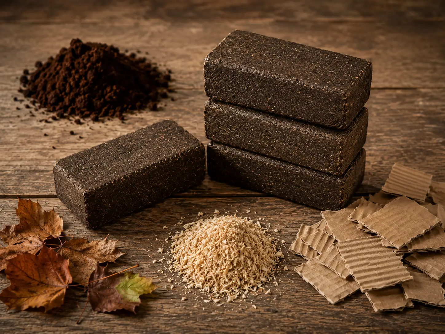 Zelfgemaakte briketten van koffiedik, zaagsel en karton op een houten ondergrond