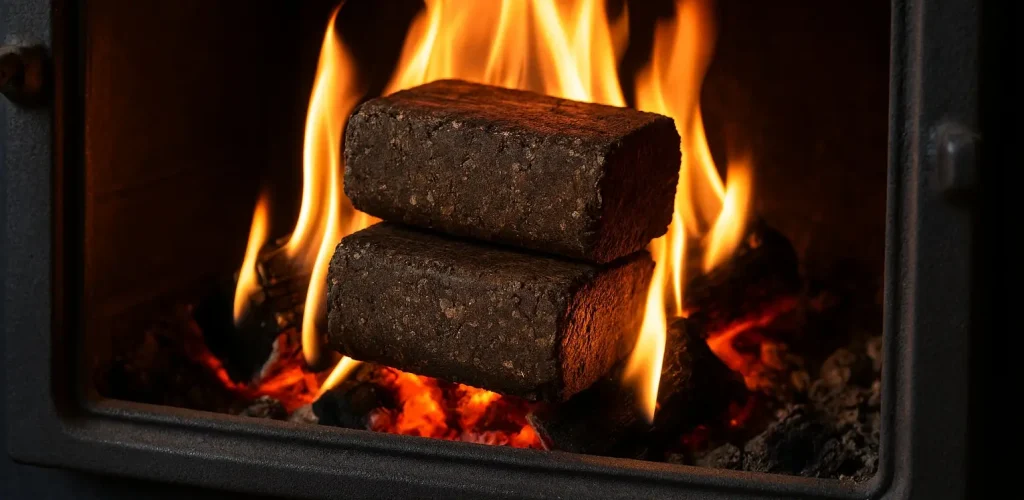 Geperste duurzame briketten brandend in een houtkachel, gemaakt van papier en afvalstromen met een handmatige briquette maker.